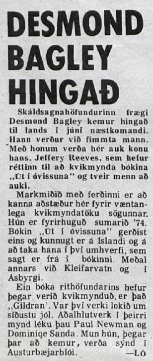 Desmond Bagley Icelandic media article from Visir 27th March 1973.