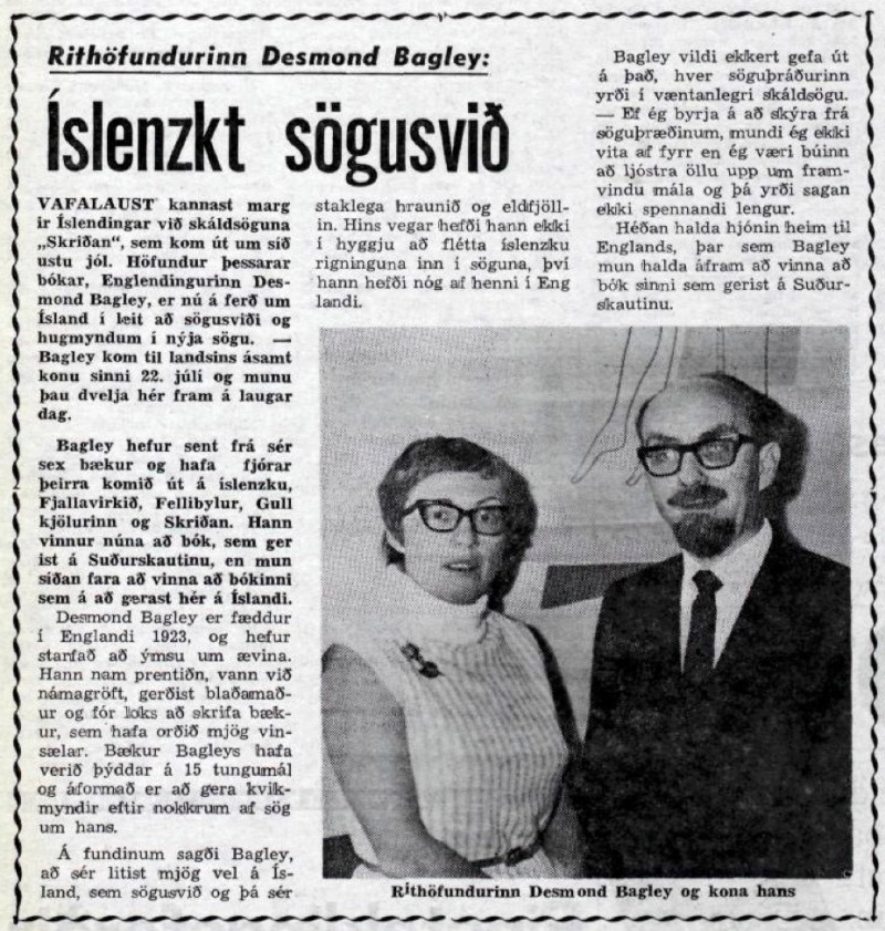 Desmond Bagley Icelandic media article from Morgunbladid 15th August 1969.