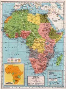 Africa circa 1947 showing Desmond Bagley’s route. Map © C.S. Hammond & Co., N.Y.