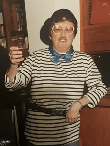 Joan Bagley on fine form at a Sarnia Sword Club fancy dress party in Guernsey. © & courtesy Graham Jackson.