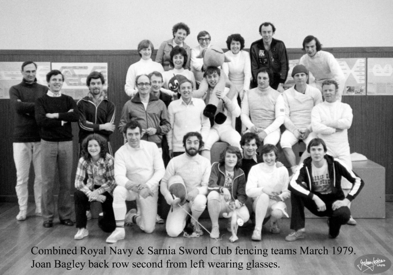 Combined Royal Navy & Sarnia Sword Club fencing teams March 1979. Joan Bagley back row second from left wearing glasses. © Graham Jackson.