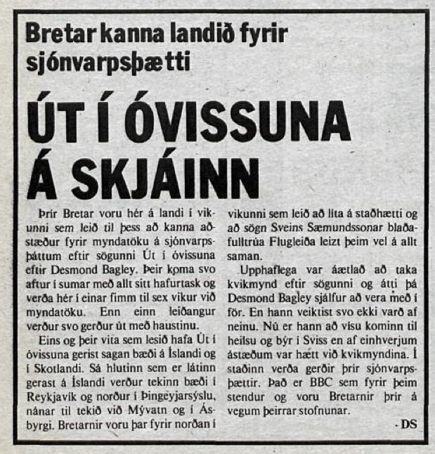 Desmond Bagley Running Blind Icelandic media article from Dagbladid 19th April 1978.
