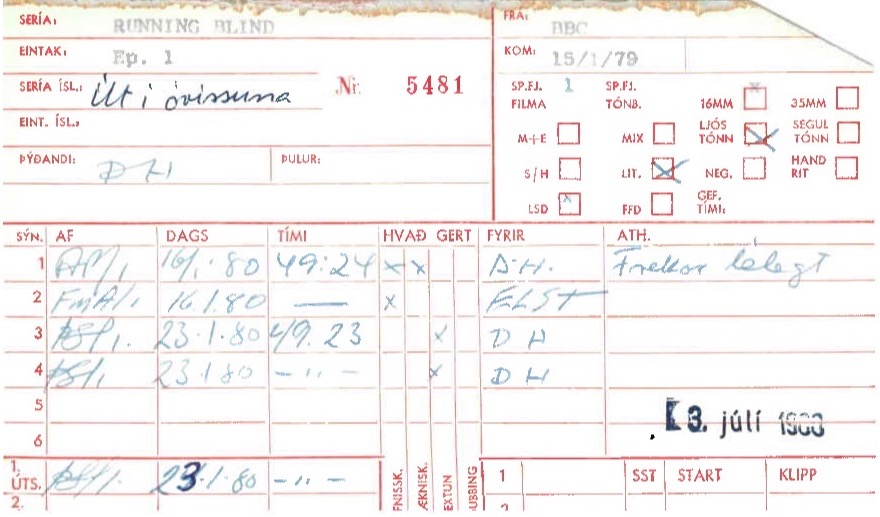 Desmond Bagley's Running Blind adaptation by BBC Scotland - RUV Icelandic National Broadcast Service transmission records.