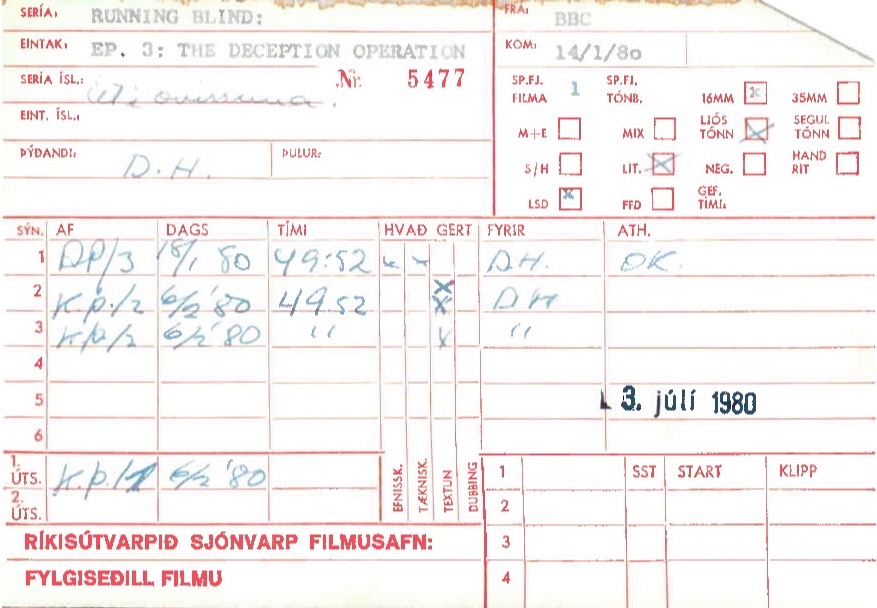Desmond Bagley's Running Blind adaptation by BBC Scotland - RUV Icelandic National Broadcast Service transmission records.